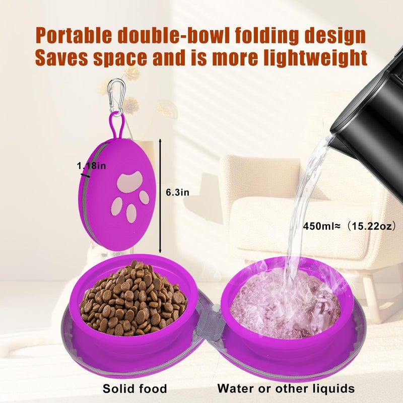 DDSUN Collapsible Dog Bowls, 2-in-1 Silicone Pet Food and Water Bowl with Carabiner, Portable Double Compartment Dish for Travel, Camping, Hiking Puppy Essentials (Purple) - Image 2